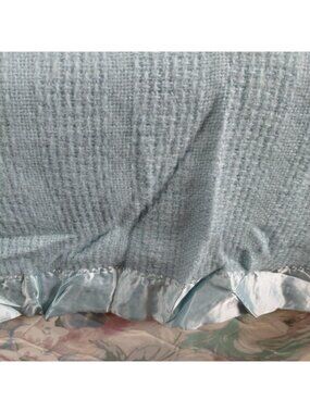 Vintage Faribo Blanket Throw Solid Light Blue Wool Acrylic 63x87 Satin Trim USA